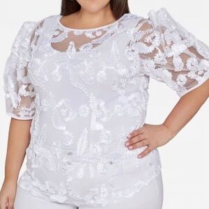 Ashley Stewart Plus Size White Tulle and Satin Puff Sleeve Women's Top